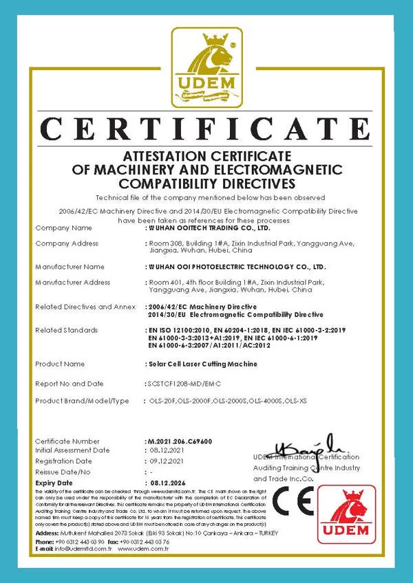 सोलर सेल लेसर कटिंग मशीन सीई प्रमाणपत्र