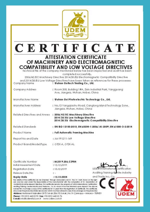päikesepaneelide raamimismasina CE-sertifikaat